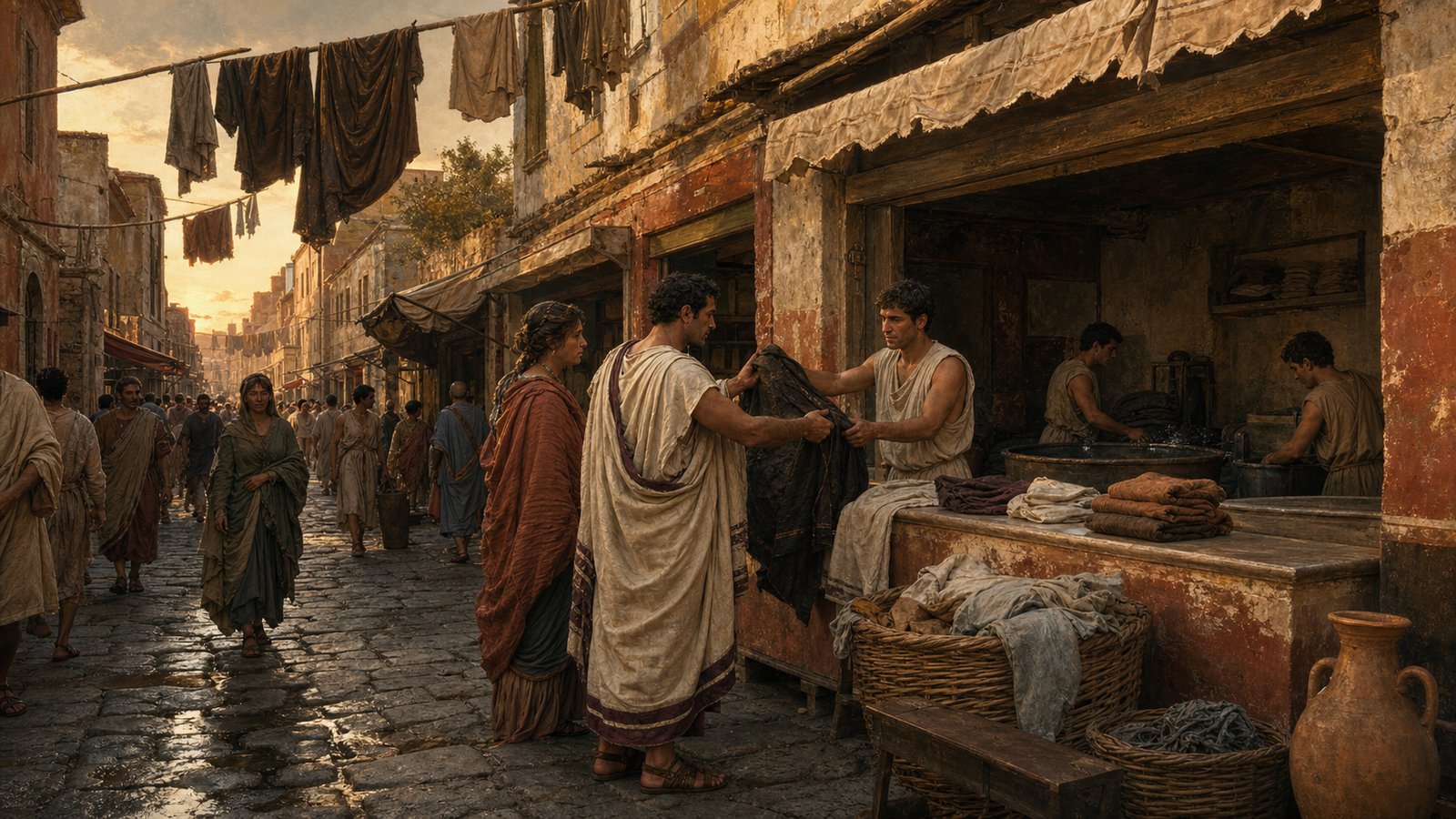 A clean toga or tunic could look effortless in public only because fullers, vats, water, and repeated handling made it possible.