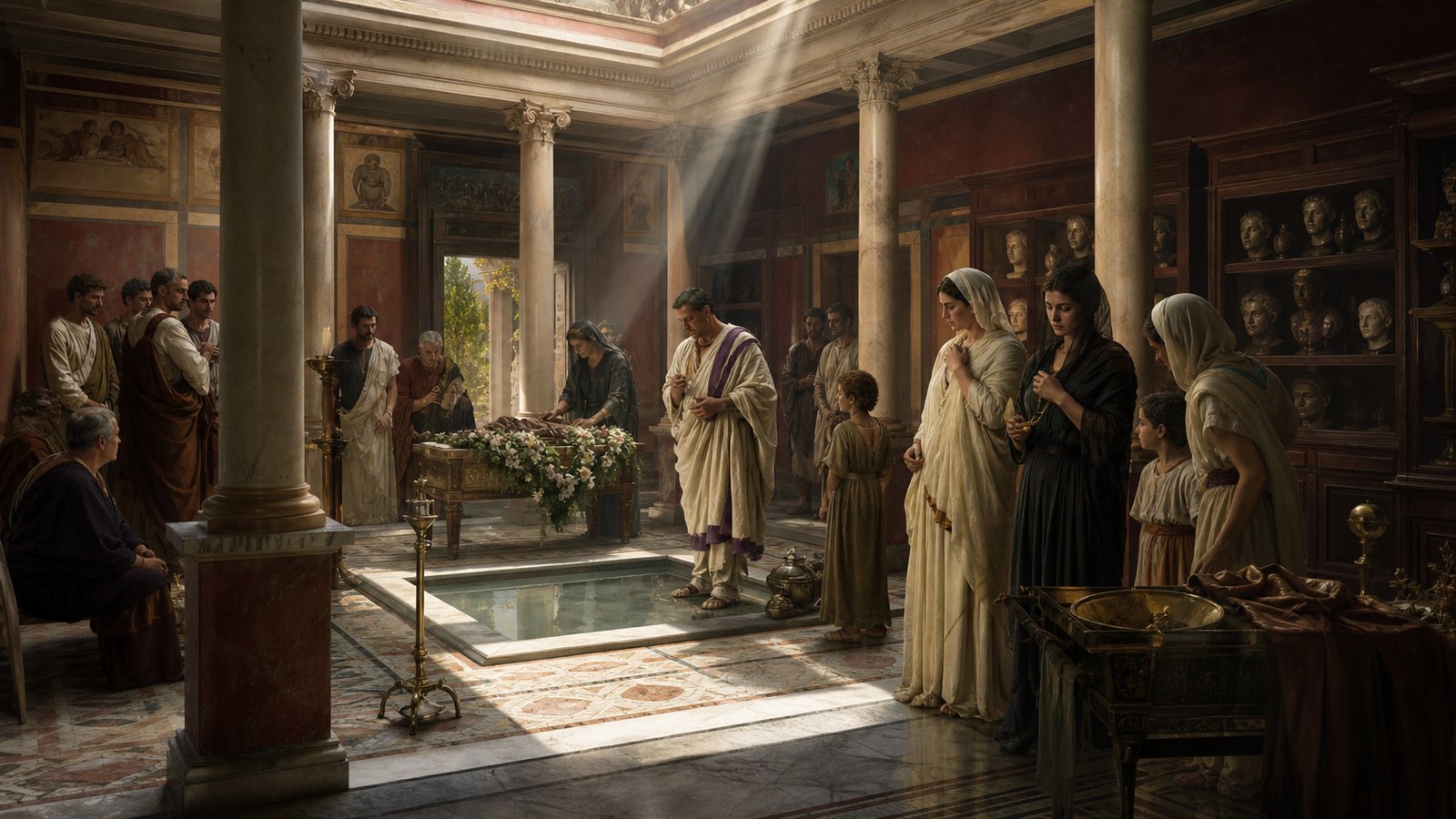 Roman aristocratic funerals carried grief into the streets with ancestor masks, processions, and public memory.