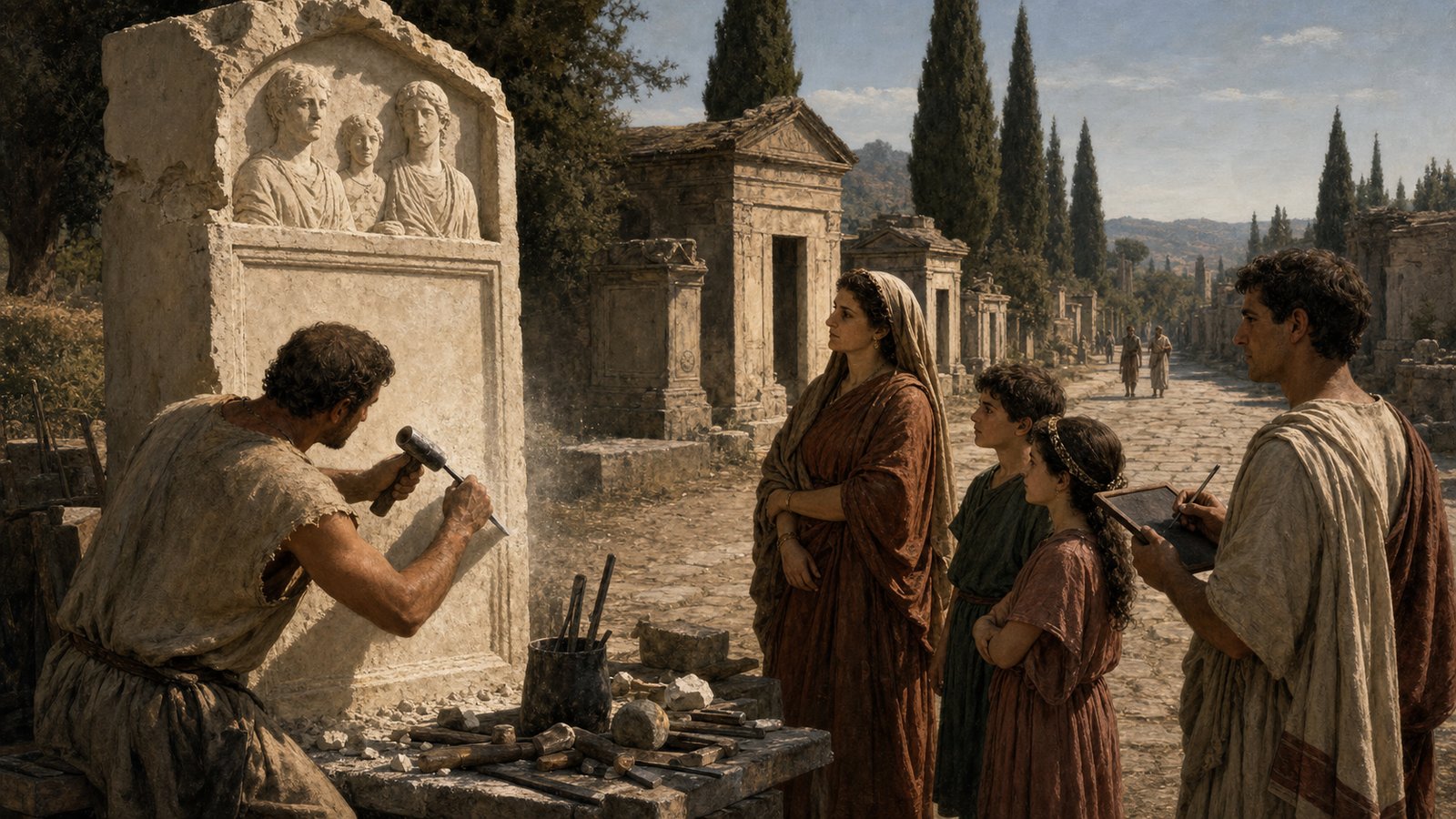 Roadside tombs and inscriptions let ordinary families make names, ages, relationships, and grief public.
