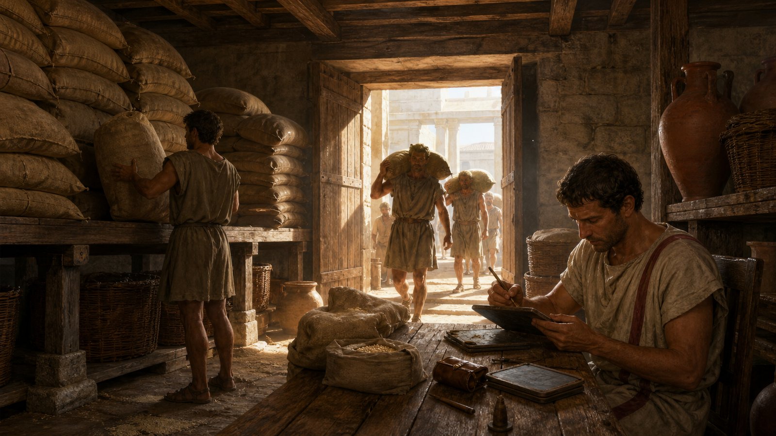 A Roman horreum turned grain supply into a guarded place of sacks, tablets, porters, and inspection.