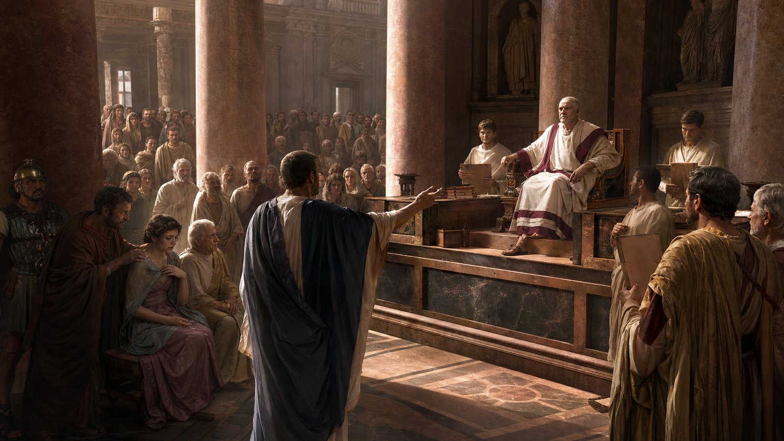 Inside the basilica, a quarrel became procedure: tribunal, witnesses, advocates, tablets, and watching citizens.