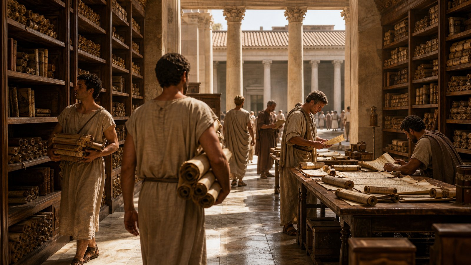 Shelves, scrolls, busts, and readers turned memory into a public Roman space rather than a private possession.