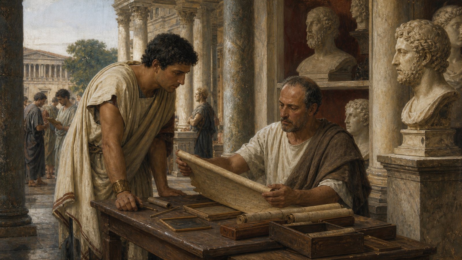 A library made learning visible by placing scrolls, scribes, portraits, and visitors inside a shared architectural scene.