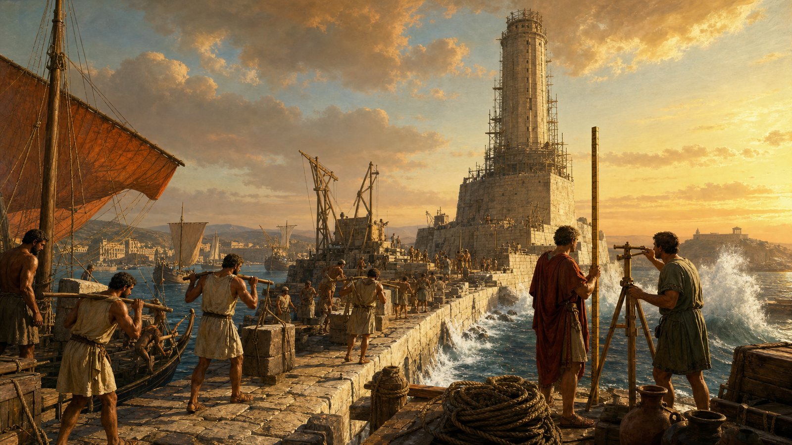 Harbor works turned arrival into a managed process: beacons, moles, officials, ships, cargo, and delay all belonged to one system.