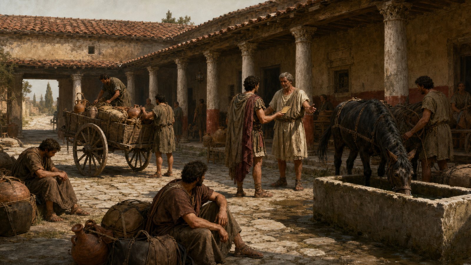 A mansio made distance practical by giving travelers, animals, carts, and messages a known place to stop.