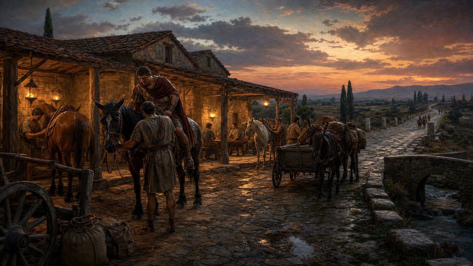 Stations turned the Roman road into a chain of arrival, repair, rest, exchange, and departure.