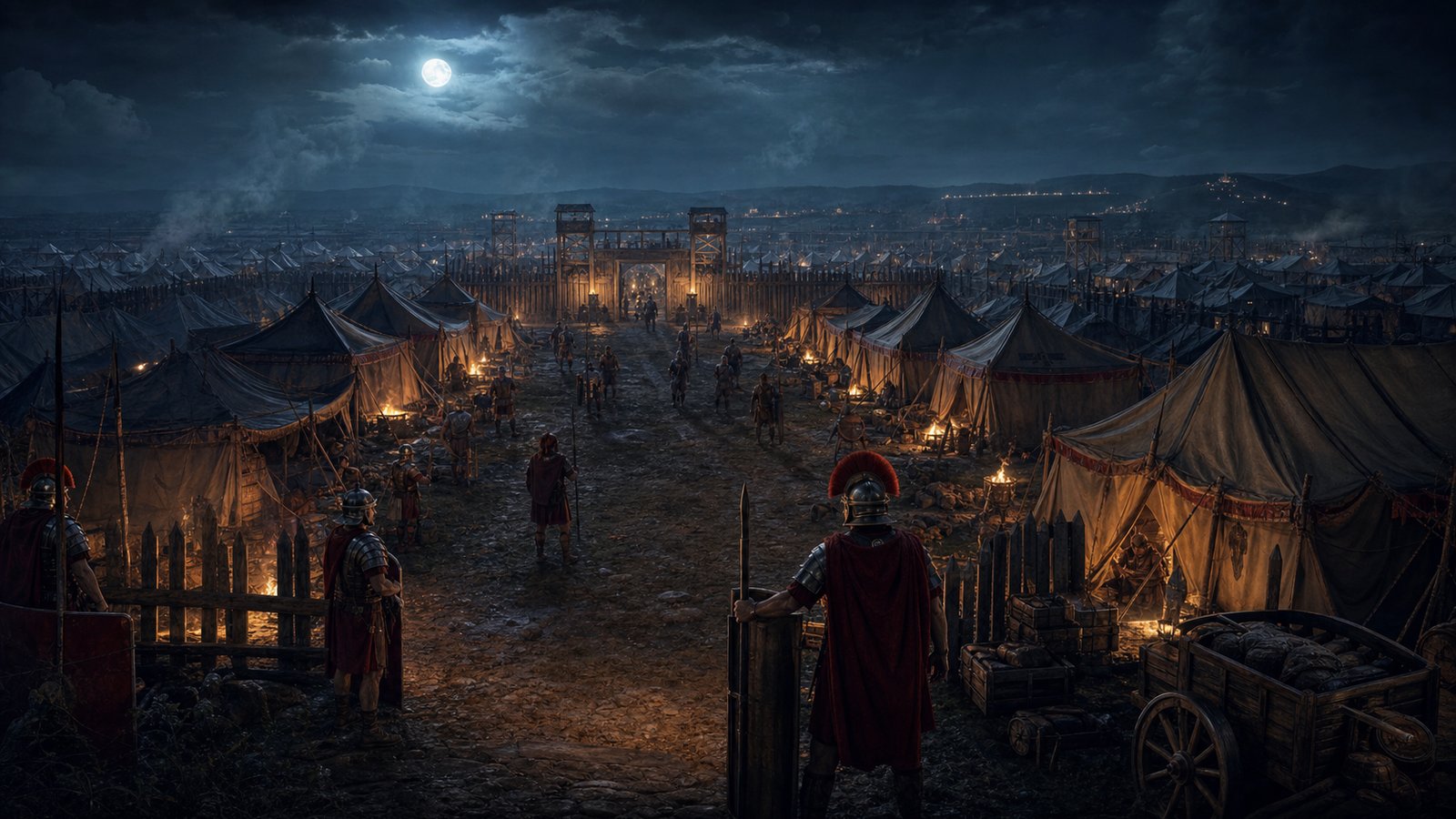 Inside the camp, straight lanes, watches, tents, carts, and fires made movement feel governed even far from Rome.