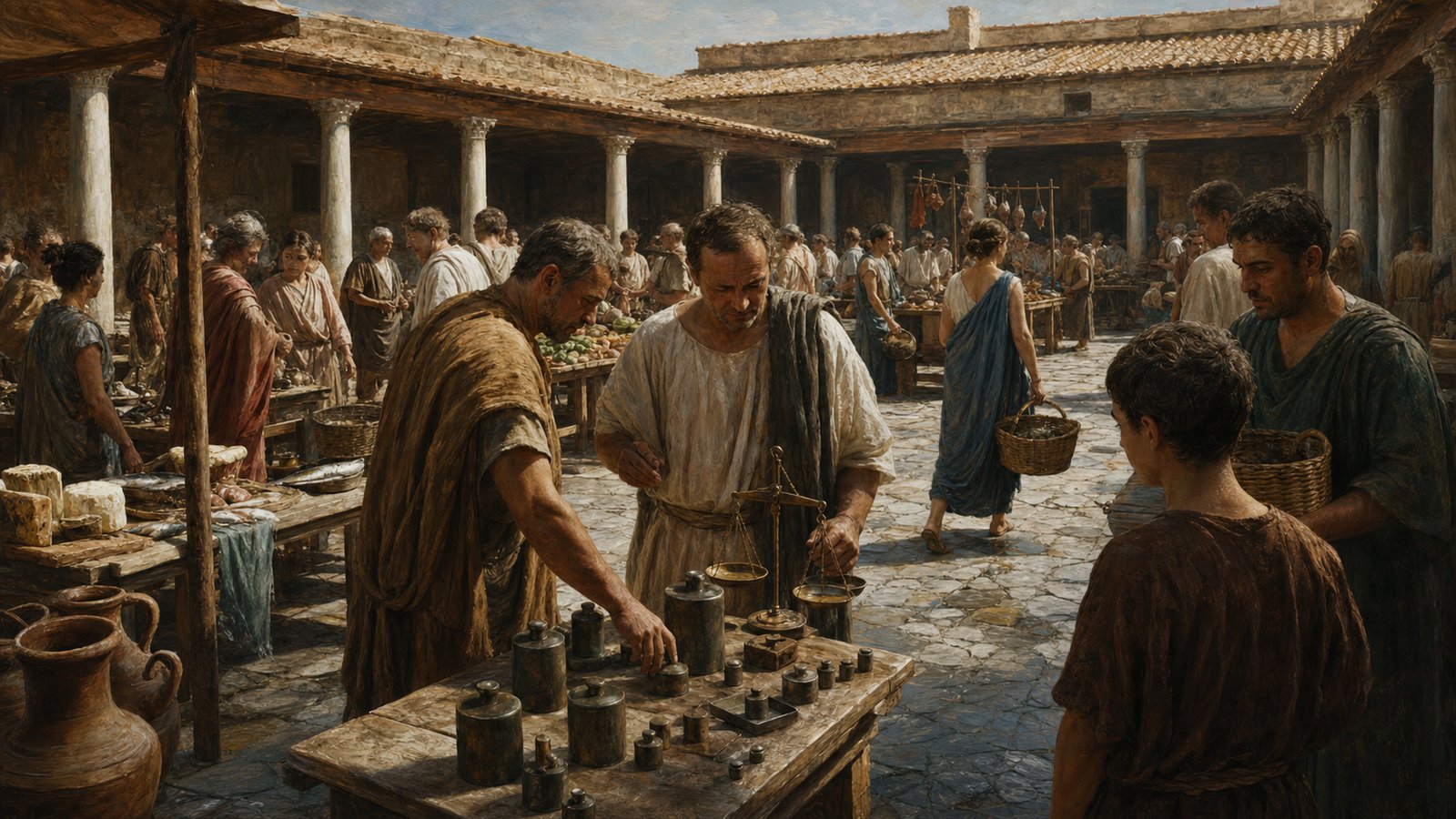 A crowded macellum turned measurement into a public act, with stalls, witnesses, and balances sharing the same space.