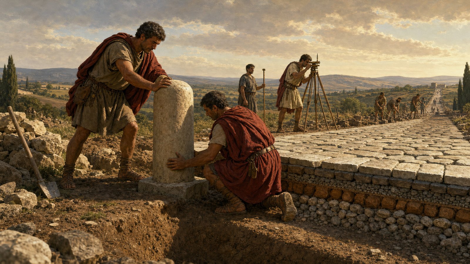 Road builders and surveyors made distance public by giving the paved surface a fixed stone marker at its edge.