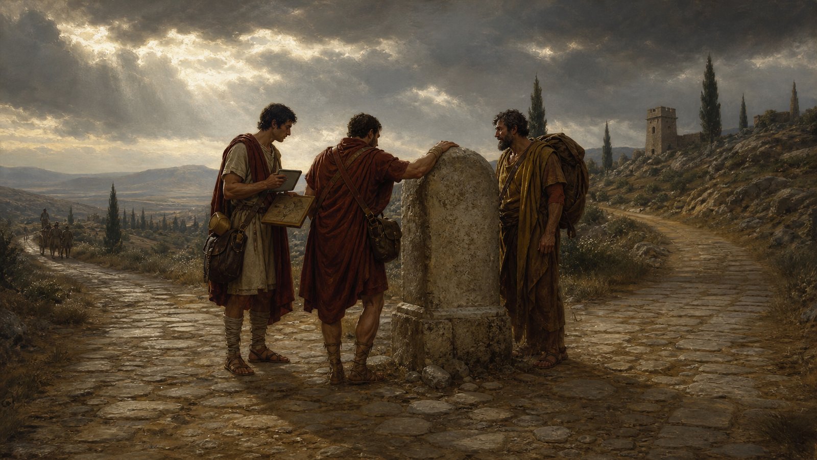 A milestone turned a road junction into a place where travelers could read distance, direction, and authority in stone.