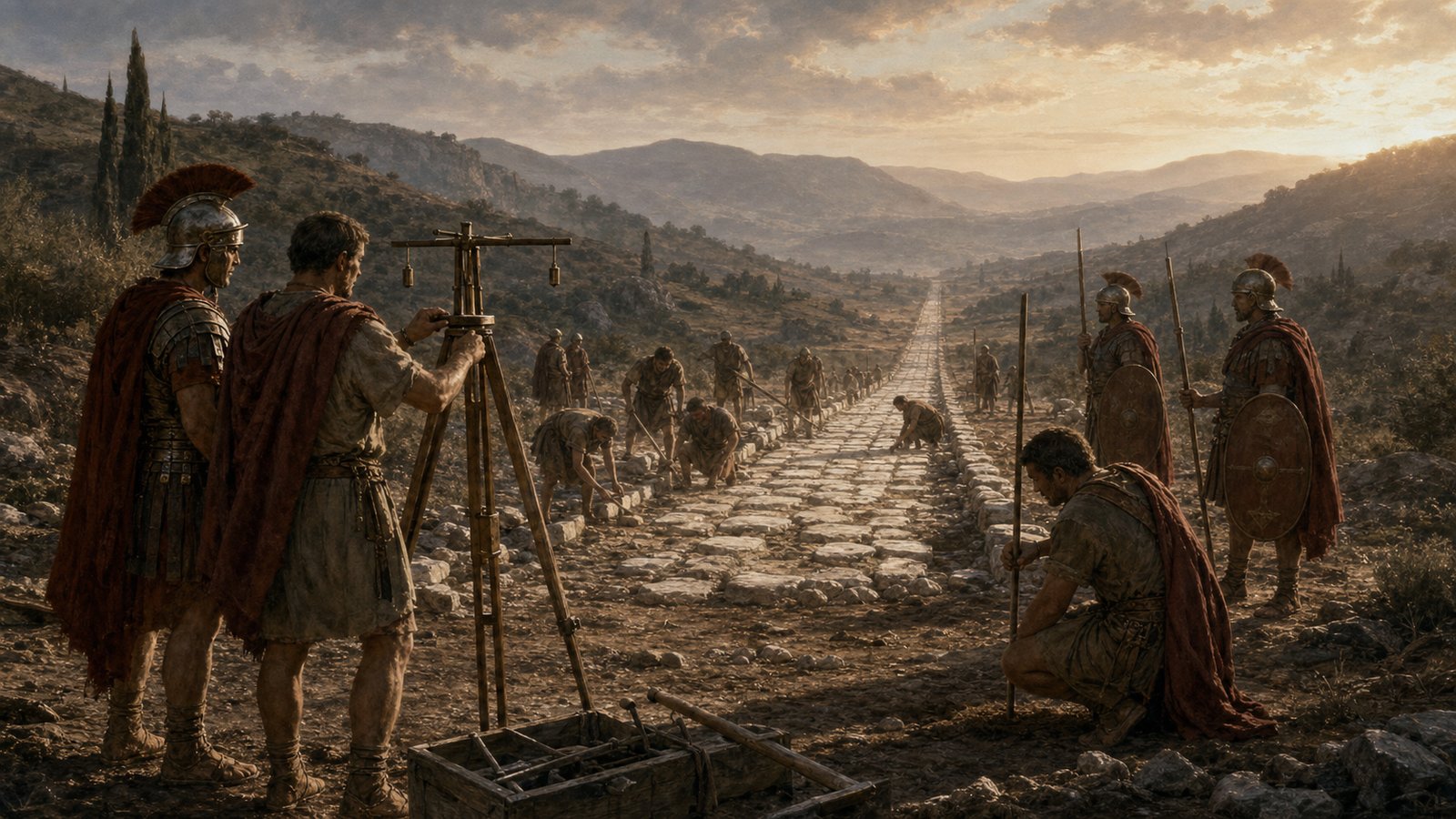 Roman surveyors and laborers laying out a road