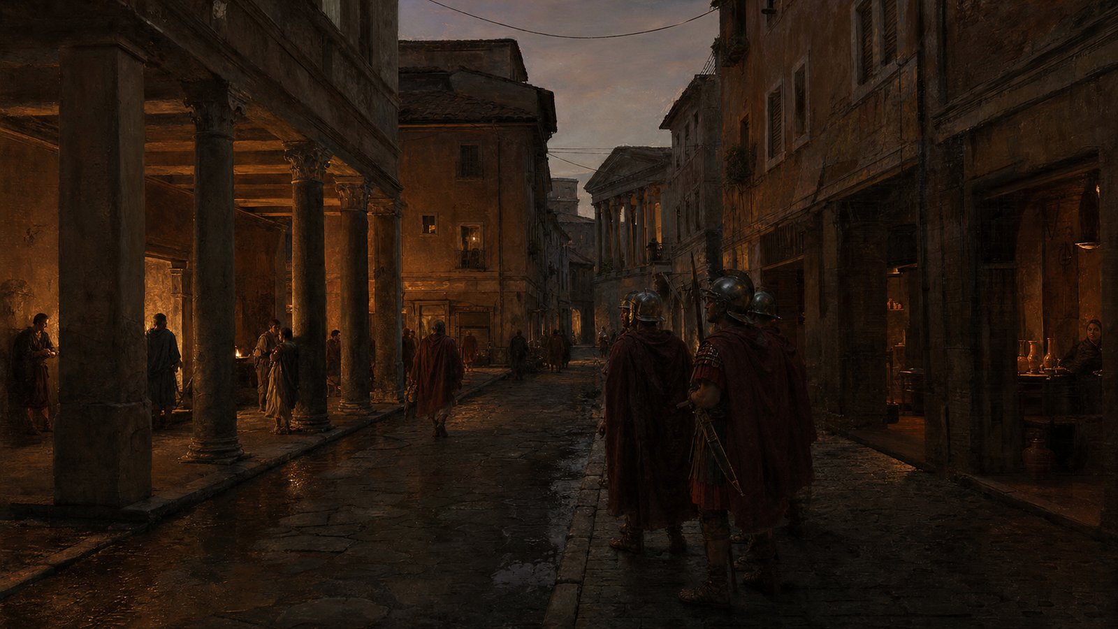 Street-facing light from tabernae and doorways turned darkness into a shared urban condition rather than a private absence.