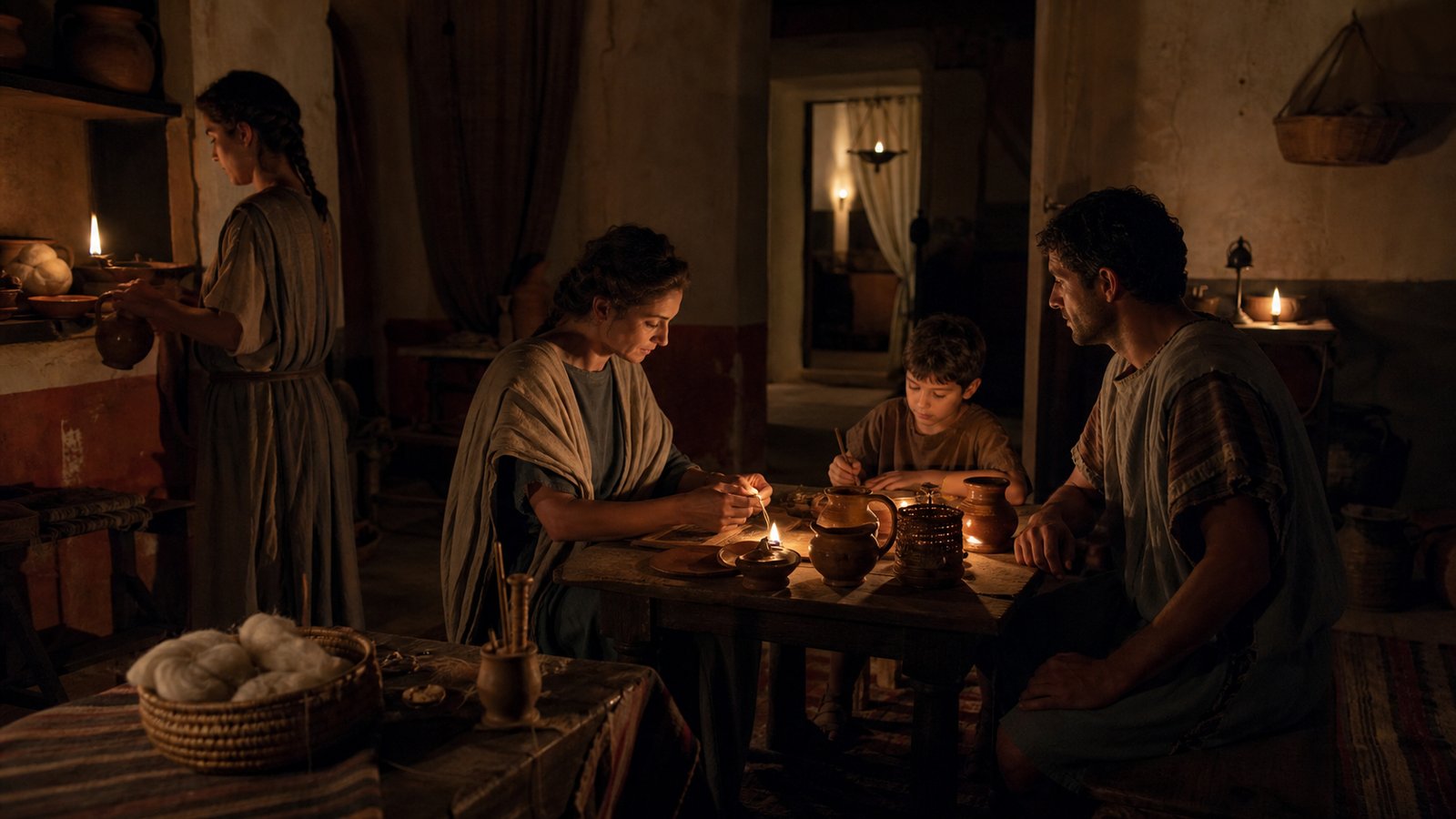 Street trade after sunset depended on fragile pools of lamplight, where a vendor, a customer, and the counter could still be seen.
