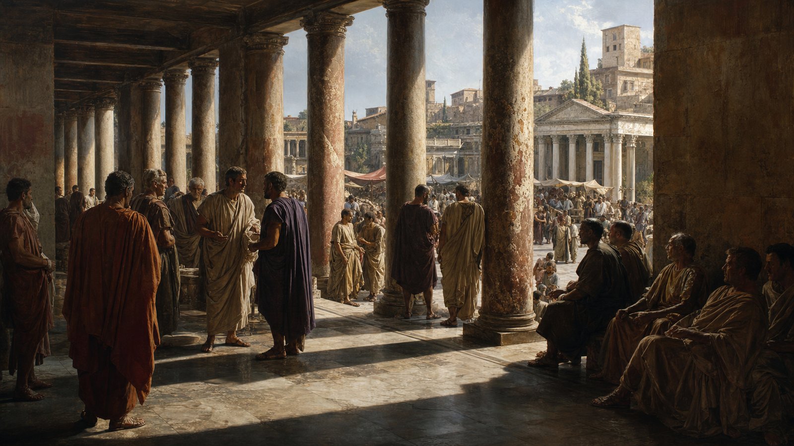 A covered porticus made public movement possible in heat, rain, waiting, bargaining, and display.