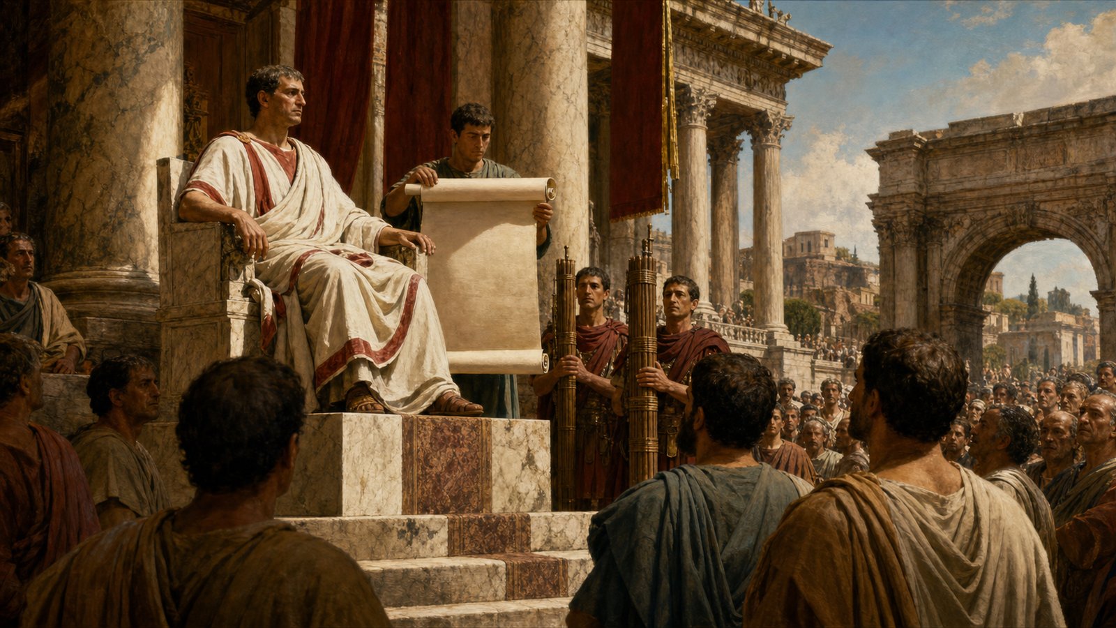 A tribunal, attendants, blank-looking edict board, and waiting litigants made Roman justice visible before judgment began.