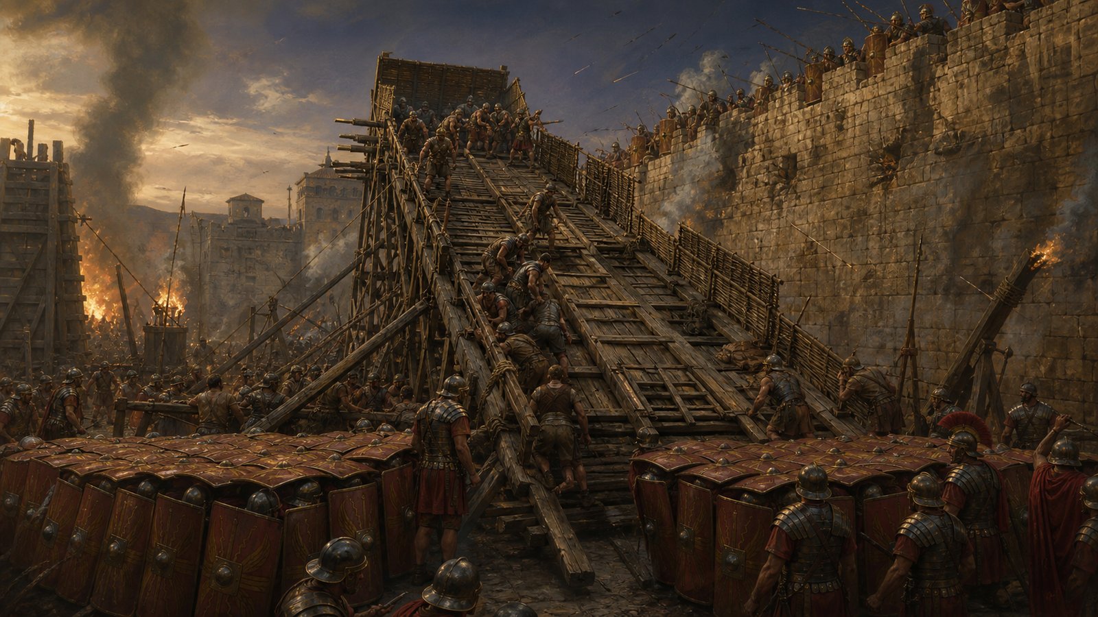 Earth, timber, shields, baskets, and measured labor made the breach feel planned before it arrived.