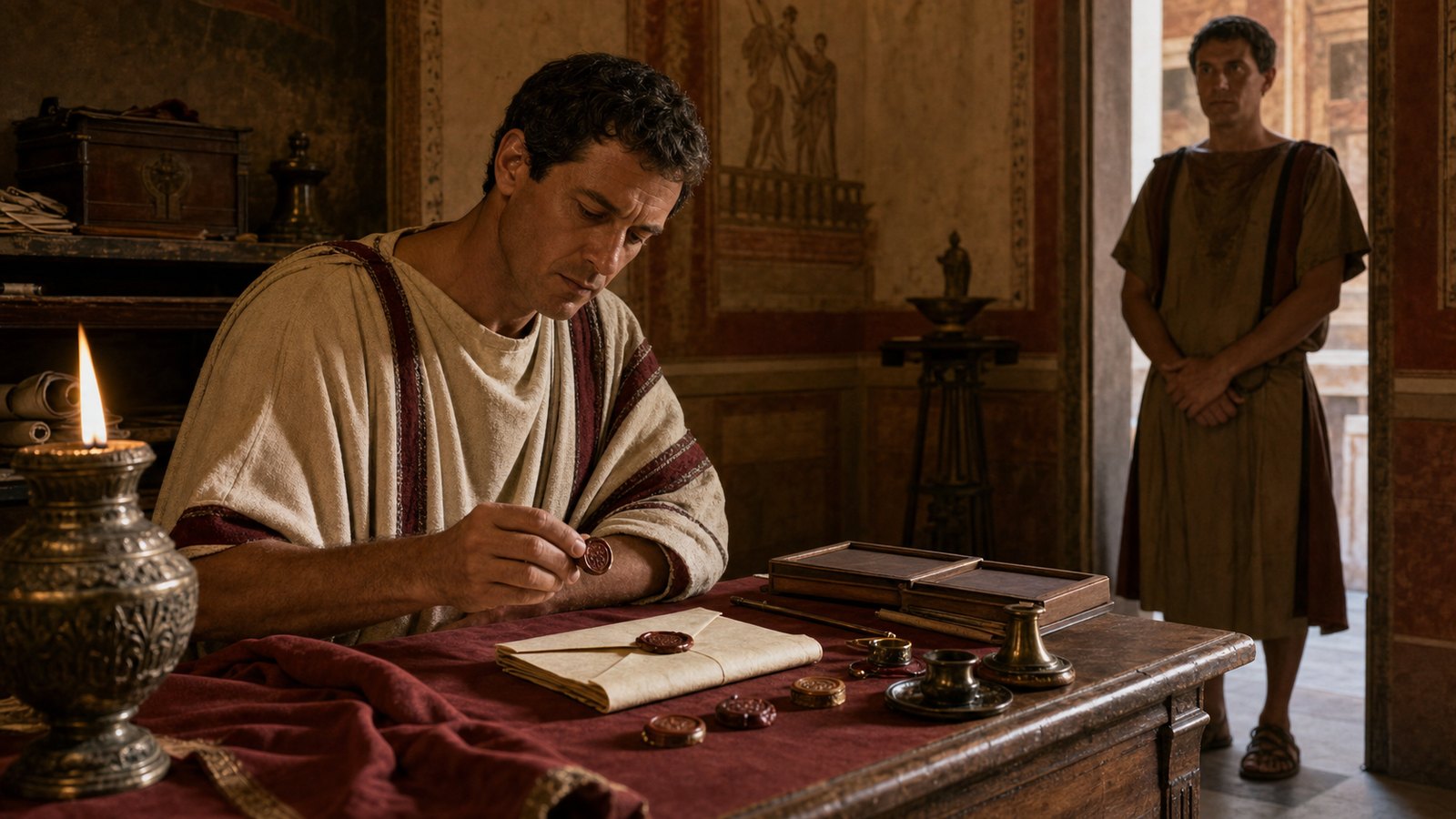 A Roman clerk presses a carved ring into wax while witnesses watch the seal take shape.