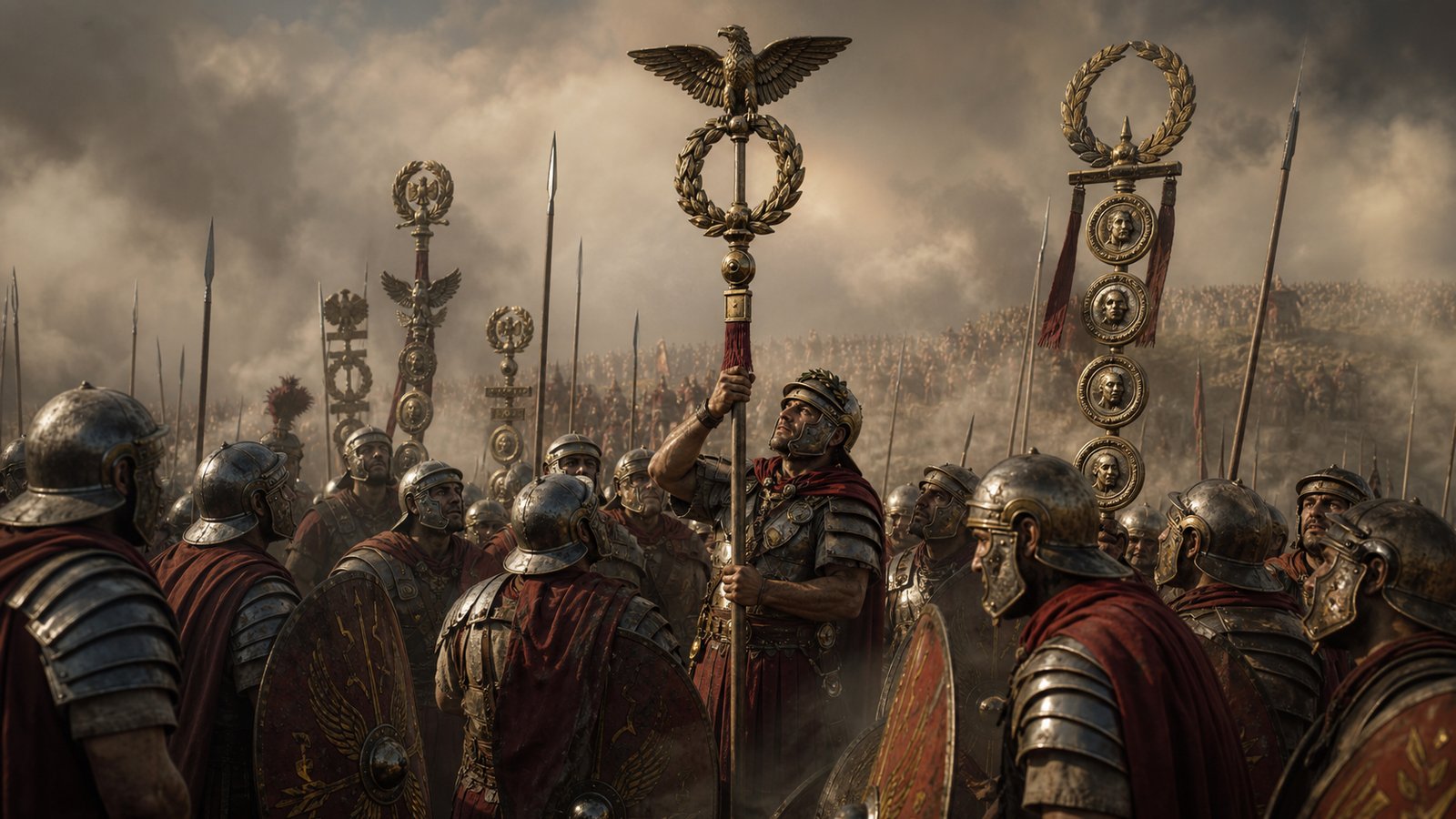 Standards rose above dust, helmets, and shields so a legion could see itself as an ordered body.