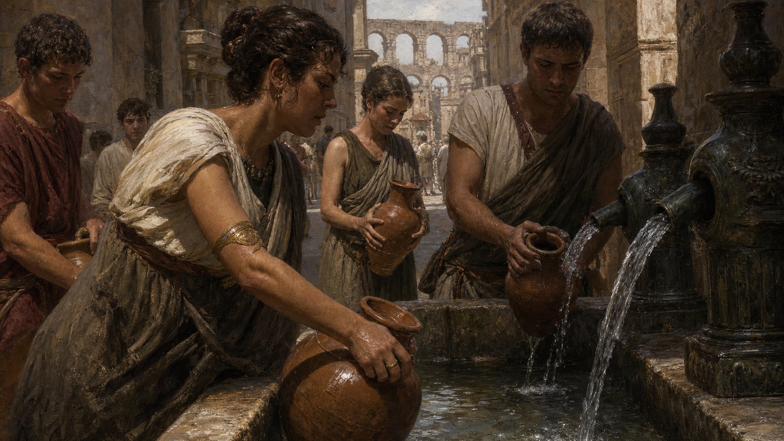 Street fountains turned aqueduct water into a daily public encounter at the edge of ordinary Roman life.