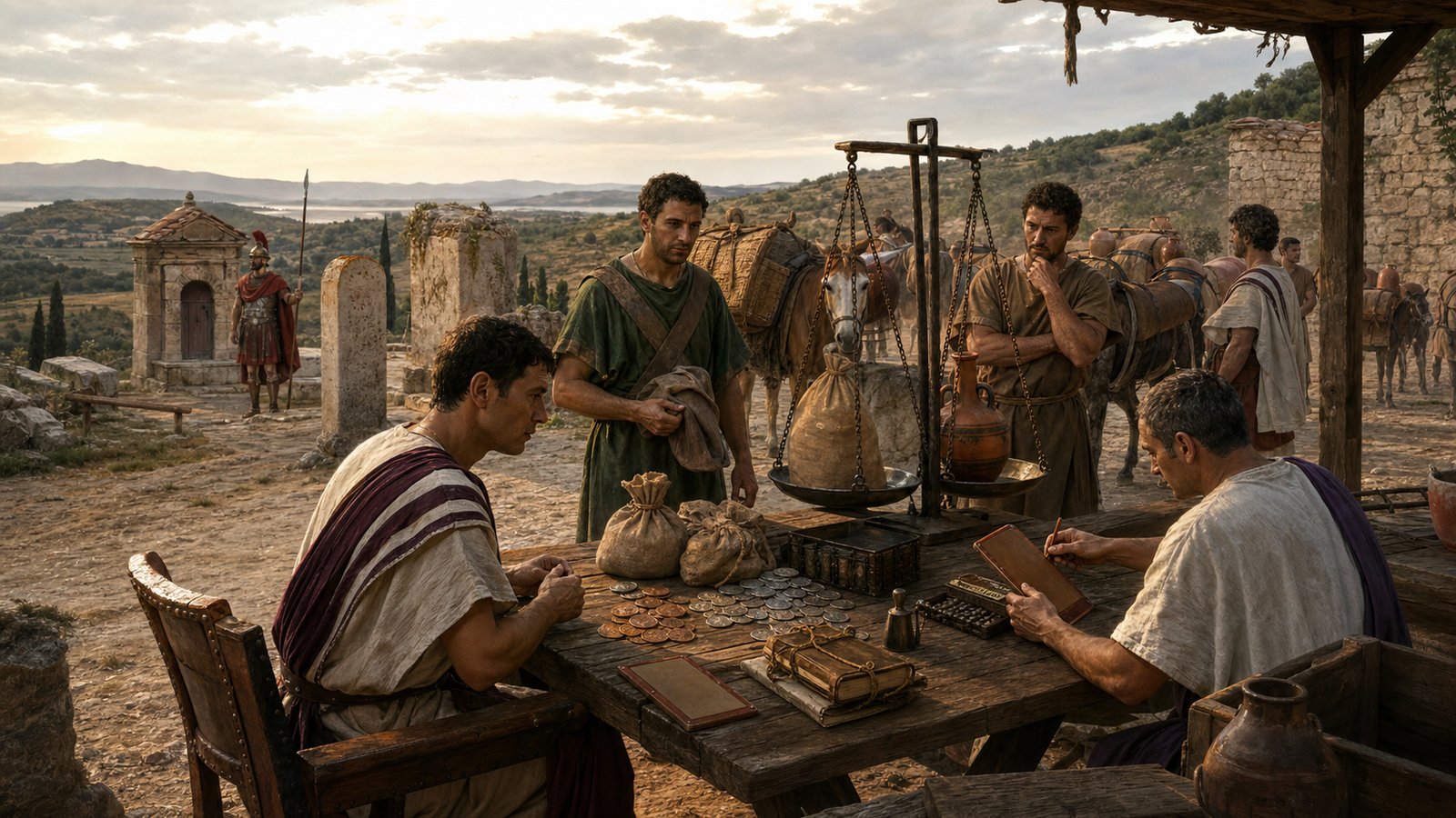 Publicani made Roman revenue visible at tables, scales, gates, and written contracts.