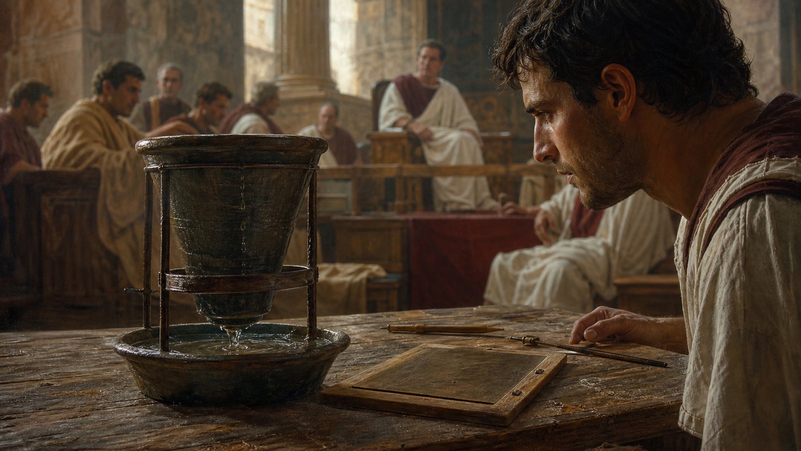 A water clock made time visible indoors, where speeches, hearings, and procedure needed a measure everyone could watch.