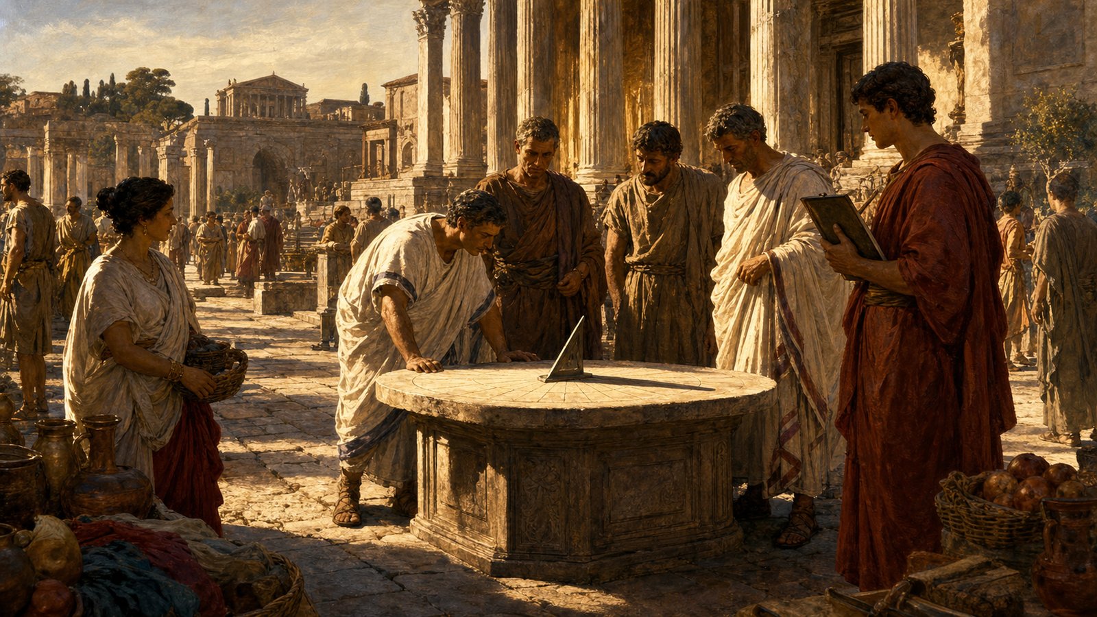 Public timekeeping turned shadows, water, waiting, and civic business into a shared Roman rhythm.