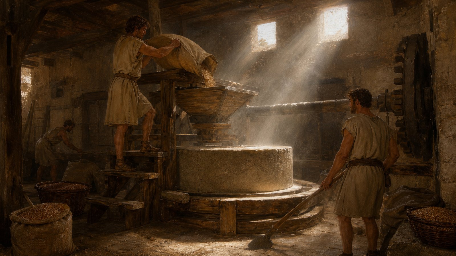 A Roman mill made energy visible: water, wheel, axle, stone, grain, and flour worked in one chain.