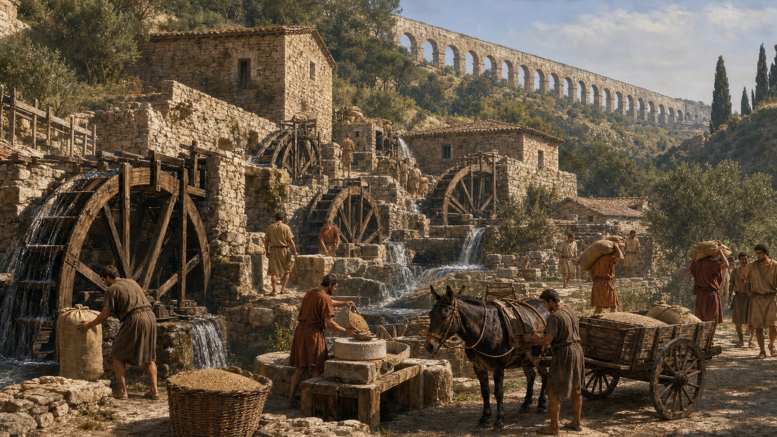 Aqueduct-fed wheels turned flowing water into food processing before bread reached the street.