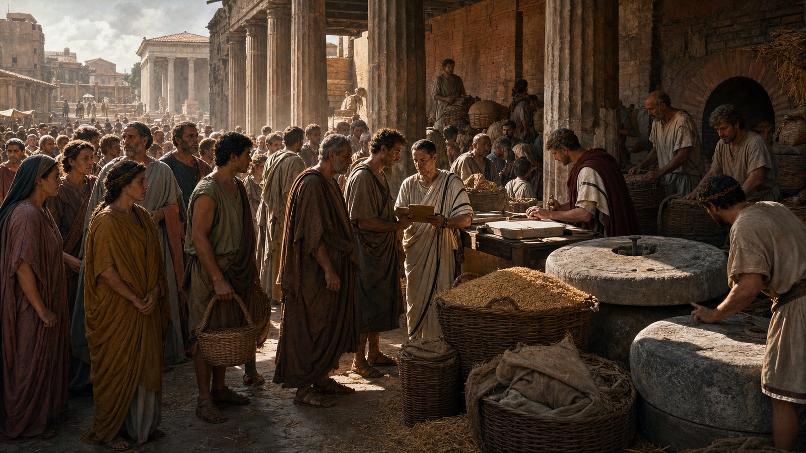 Roman grain queue and bakery with officials checking records