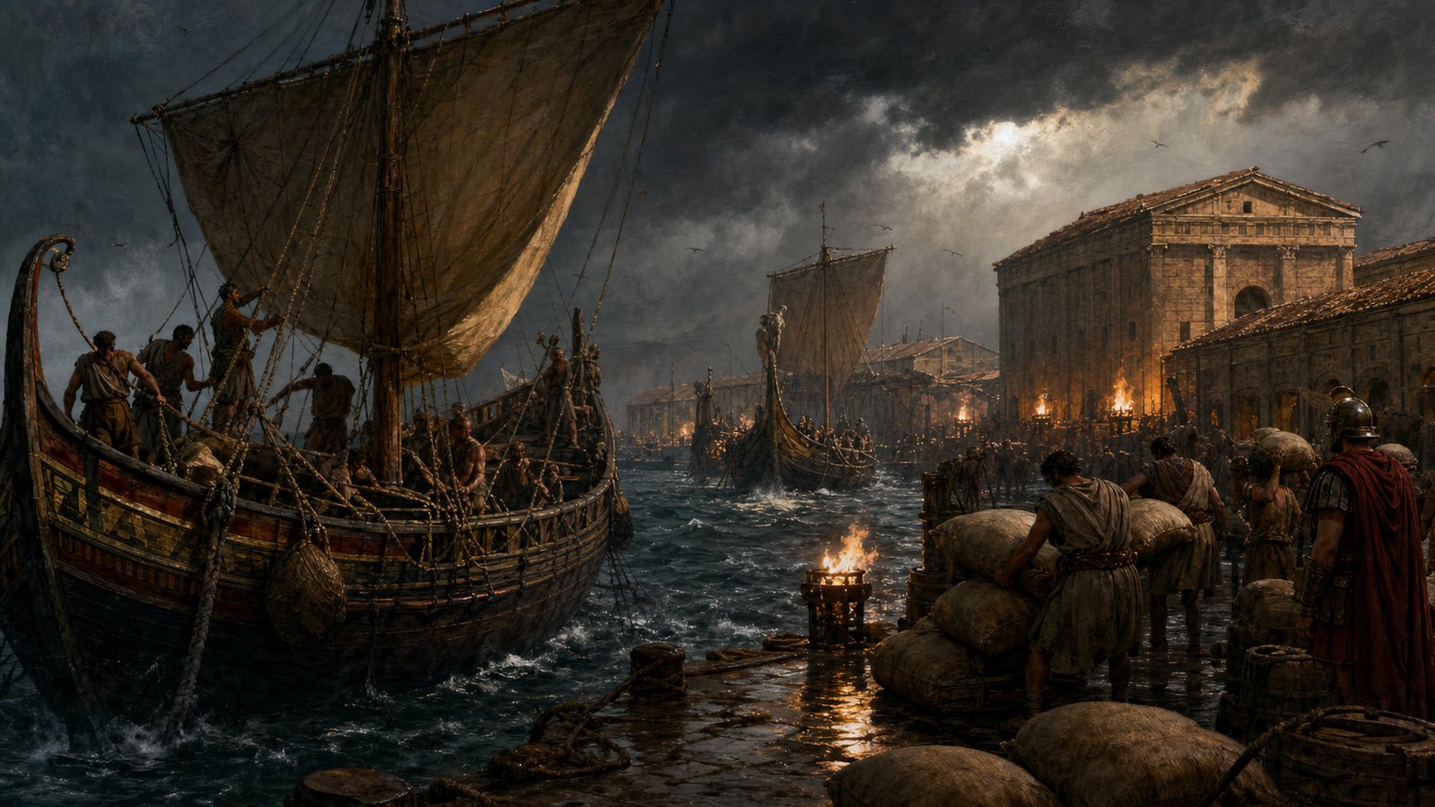 Roman grain ships entering a storm-dark harbor