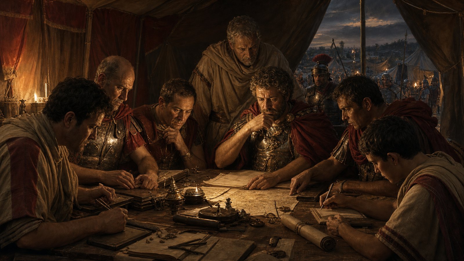 Marcus Aurelius' staff reviewing dispatches during epidemic and war