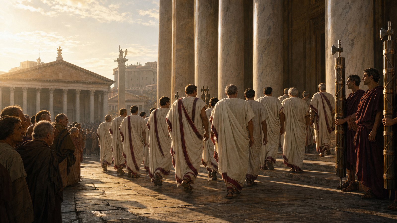 Roman senators entering the Curia in the Forum