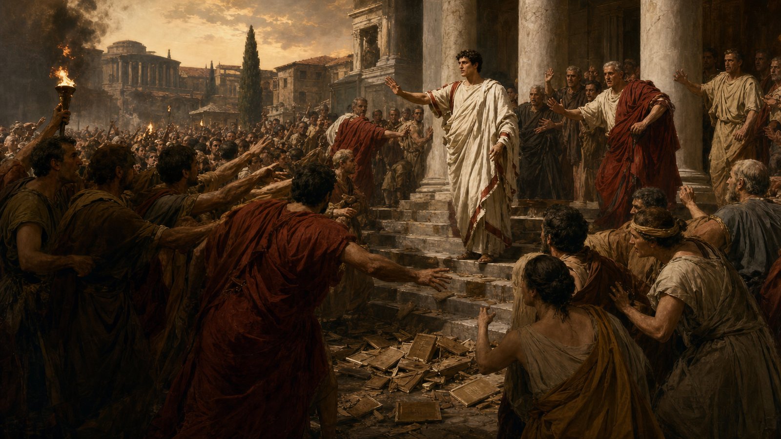 A tense crowd in the Roman Forum around a tribune