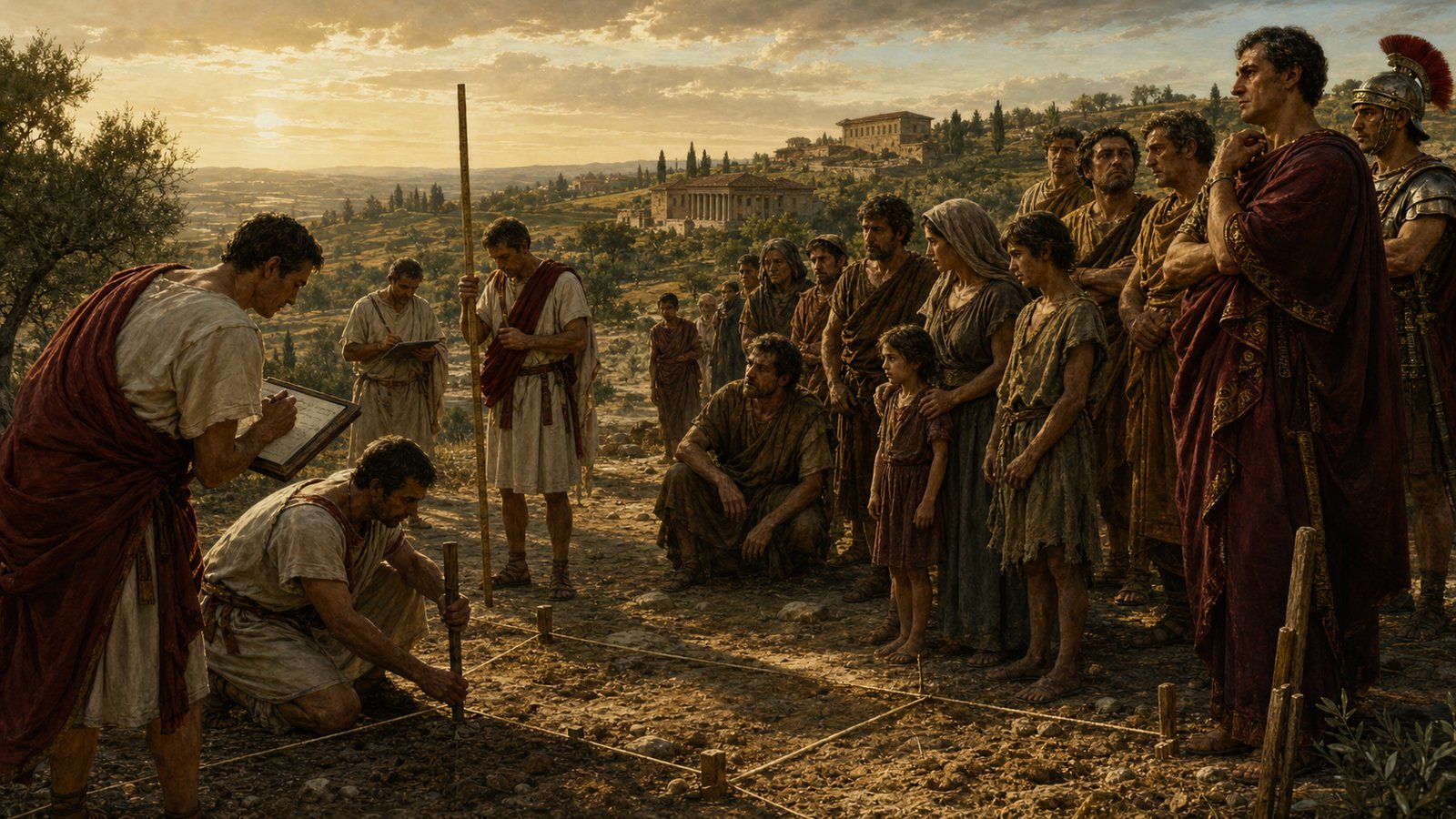 Roman land surveyors marking plots while citizens wait