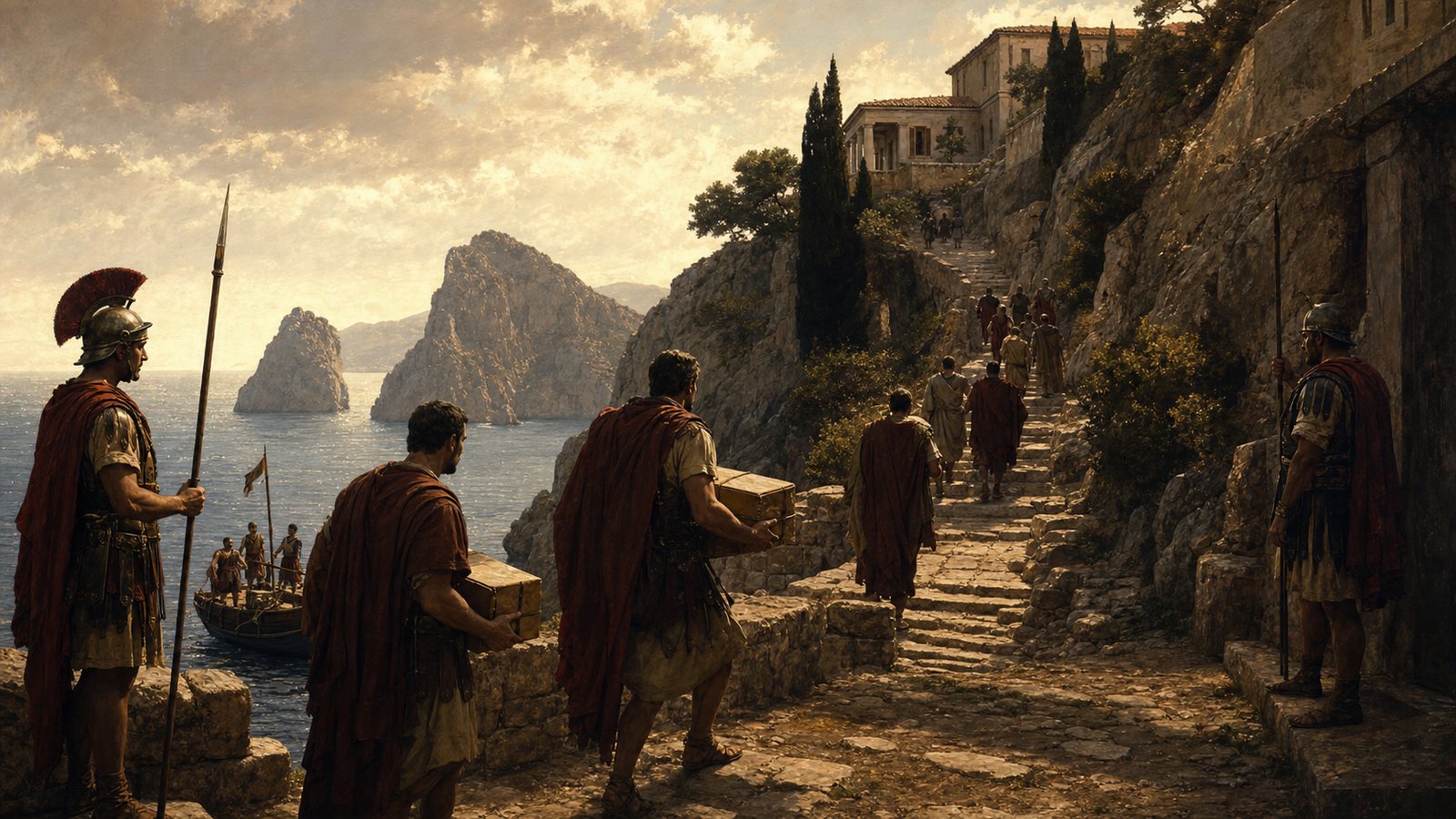 Roman messengers climbing toward a villa on Capri
