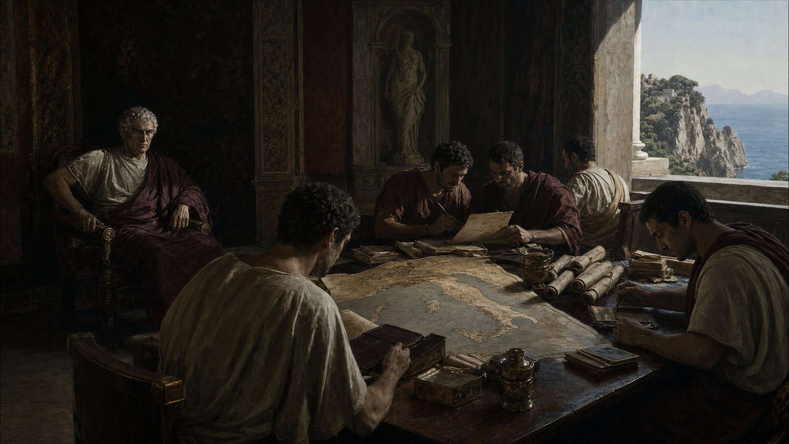 Tiberius in a Capri villa office with secretaries and scrolls