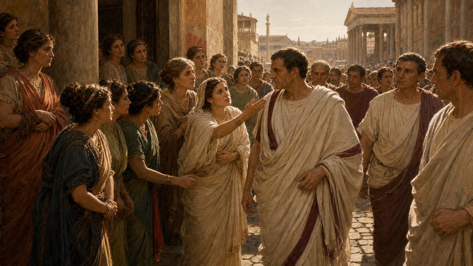 Roman matrons occupy the approaches to the Forum and confront passing magistrates in 195 BC, applying public pressure without access to the vote.