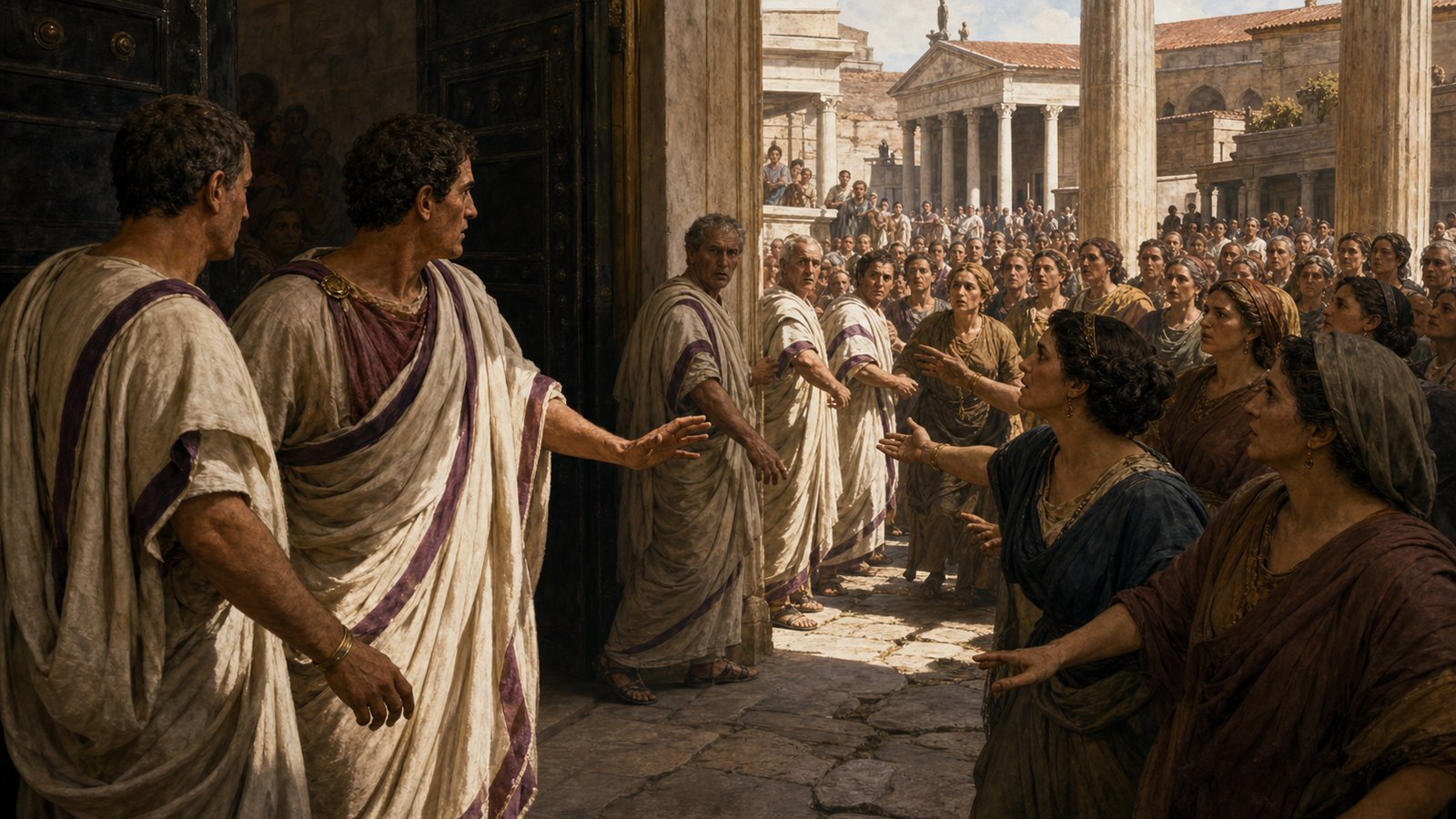 Women wait at the entrance used by Roman officials, turning a tribunes’ threatened veto into a visible political confrontation.
