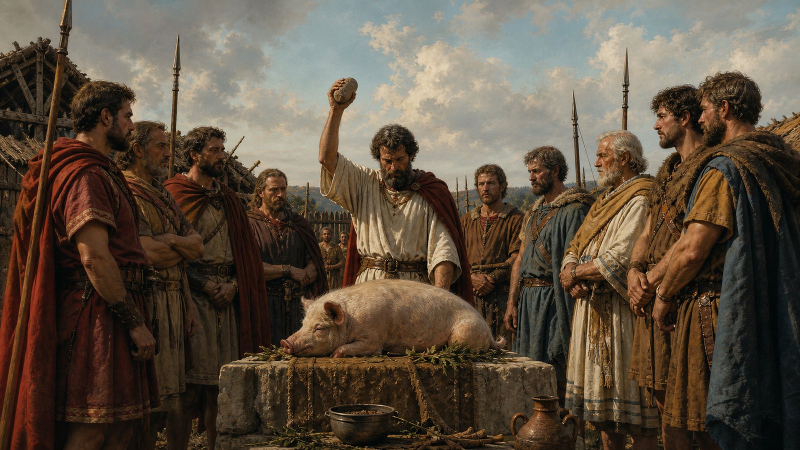 At an early Roman treaty assembly outside a simple fortified settlement, a generic fetial priest solemnly carries fresh green tufts of grass from the citadel toward a waiting king and delegates; archaic Italian clothing and ritual focus, no readable text, insignia, imperial armor or modern objects.