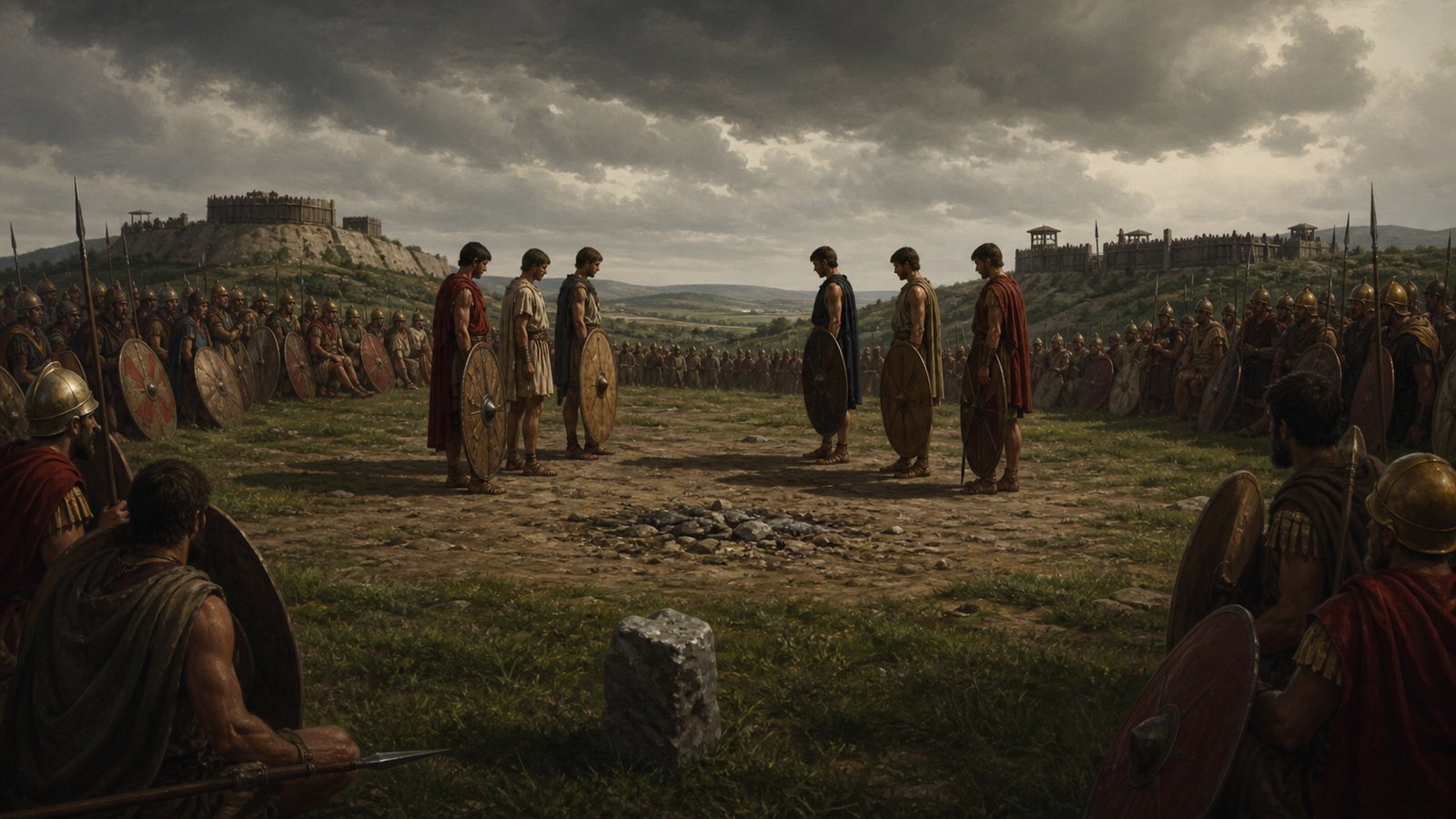 In a restrained archaic treaty ceremony, a generic oath-priest holds a plain flint above a sacrificial swine while Roman and Alban delegates witness under an open sky; the solemn legal-religious act is emphasized without gore, text, emblems, later imperial architecture or modern objects.