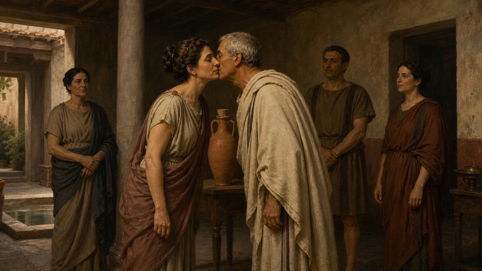 In an early Roman household atrium, adult female and male relatives exchange a formal greeting kiss while other adult kin observe; a sealed wine amphora remains in the background.