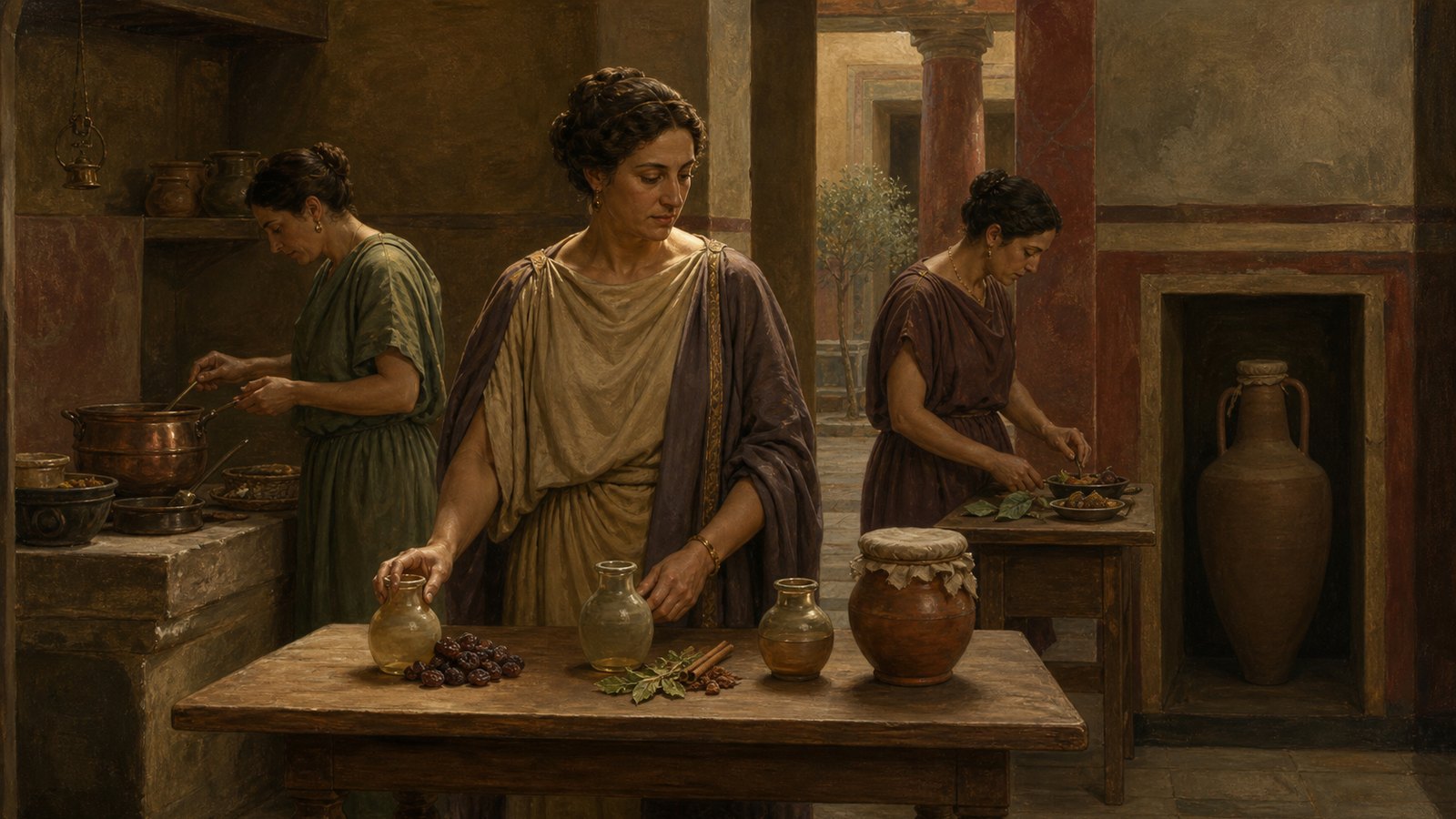 An adult Roman matron chooses among a small raisin drink, a spiced sweet drink and a sealed wine jar while female relatives prepare a household meal.