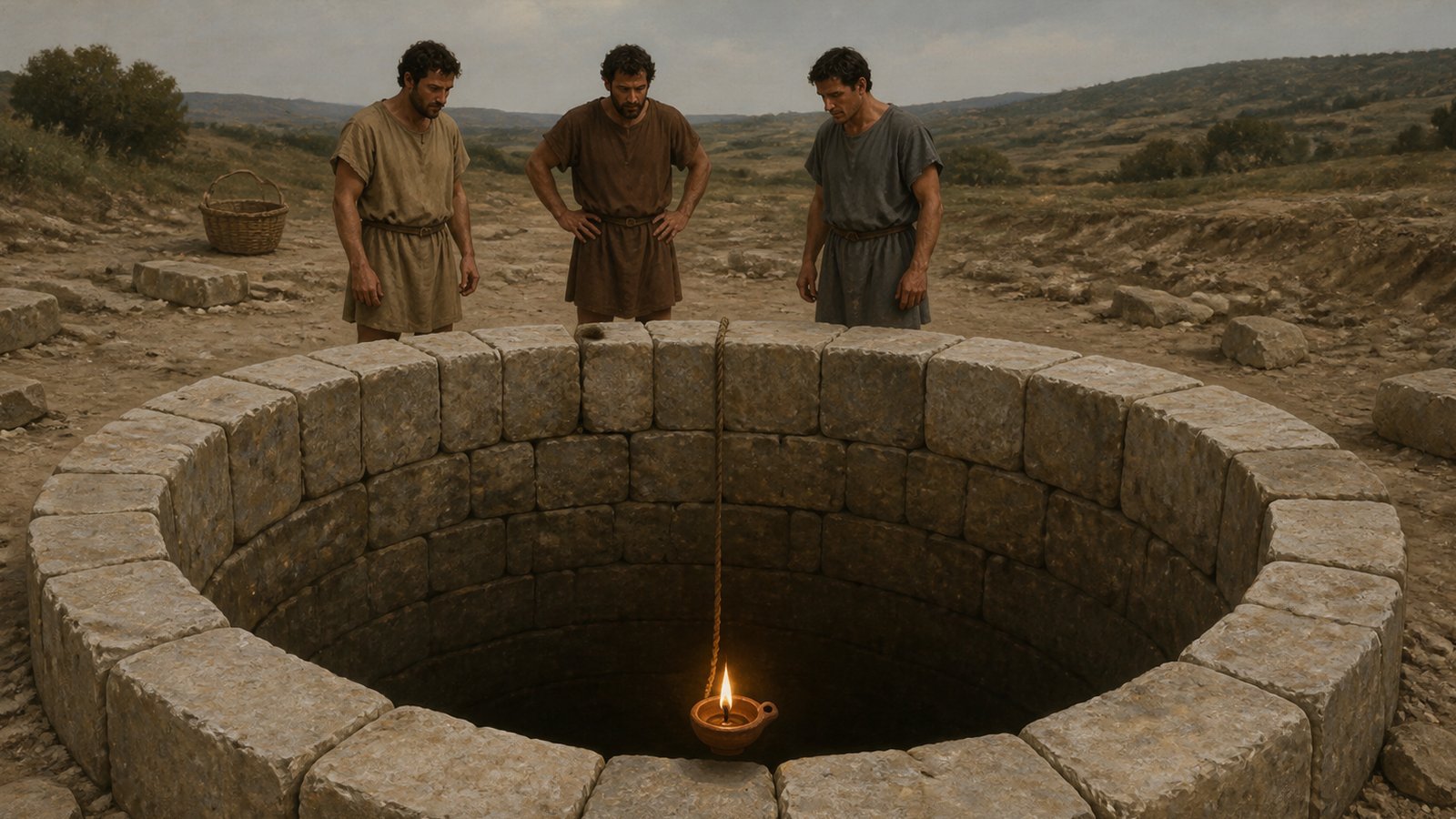 A vertical cinematic Roman engineering scene: workers at the rim of a newly dug stone-lined well lower a small brightly burning plain oil lamp on a cord before anyone descends, one supervisor watches the flame carefully while others remain safely back, timber tripod and rope, earth spoil, first-century Roman worksite, realistic oil-painting, no text, no markings, no logos, no watermark, no modern equipment.
