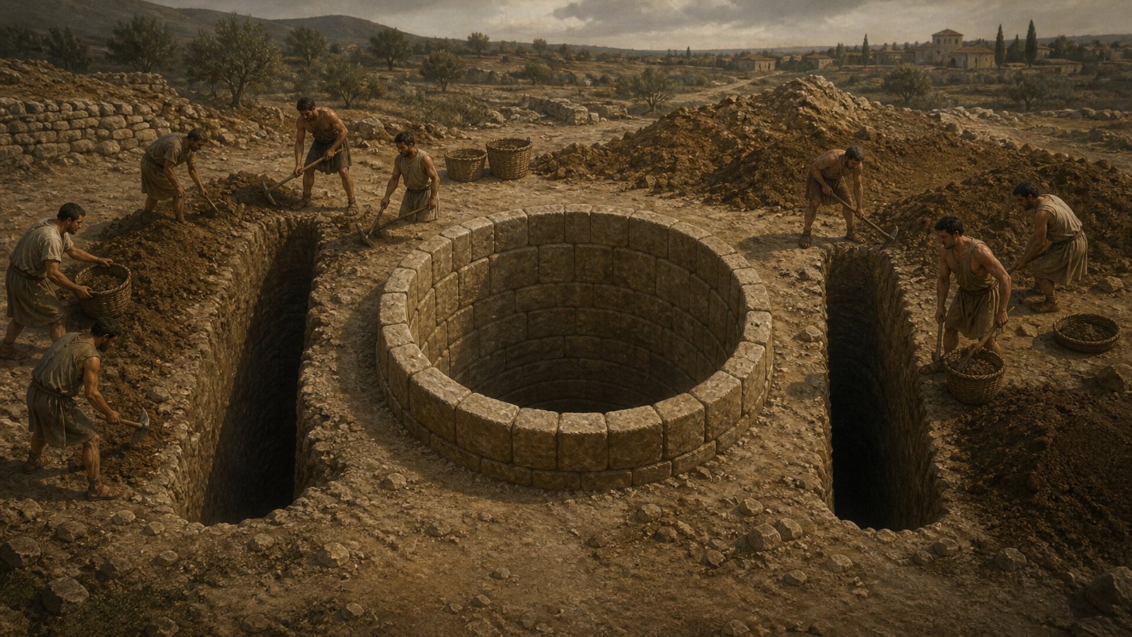 A wide cinematic close view across a Roman well rim: a small lit clay oil lamp hangs securely from a rope several feet down the dark shaft while workers above watch rather than enter, stone lining and raw earth visible, the flame is the clear focal indicator, historically plausible hand tools laid safely aside, realistic oil-painting, no text, no pseudo-inscriptions, no watermark.