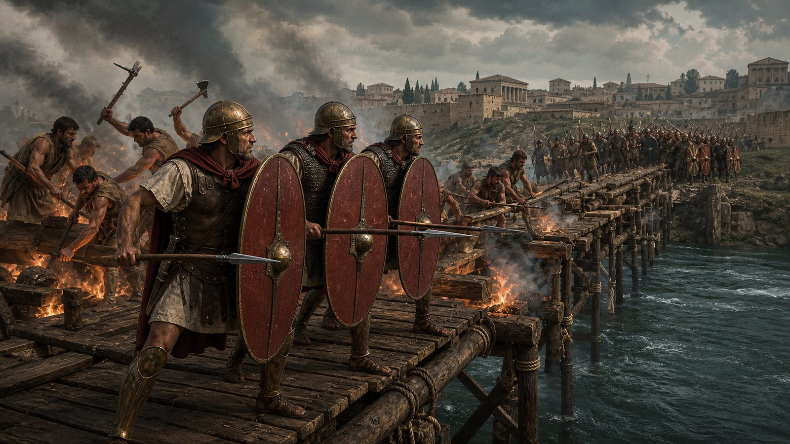Horatius, Lartius and Herminius held the Sublician Bridge while Roman workers cut through its timbers behind them.