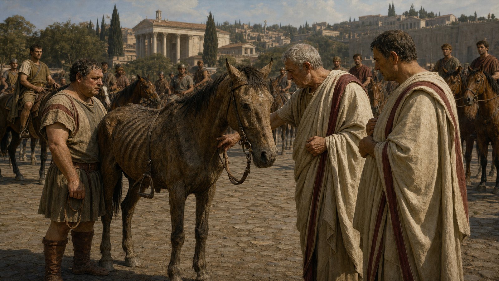 At a Roman equestrian review, two stern censors examine a visibly thin, poorly groomed horse standing beside its richly dressed and well-fed rider, with attendants and other mounted men waiting in a sober public space, no text or modern tack.