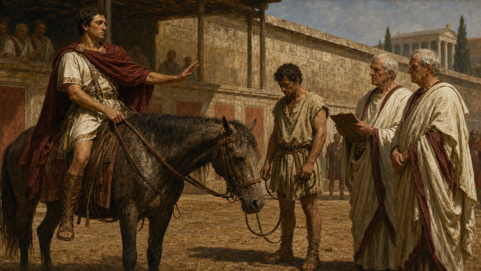The rider points dismissively toward an enslaved stable worker while the censors confer and the neglected horse remains between them, emphasizing failed delegation and social hierarchy without caricature, modern gestures, or lettering.