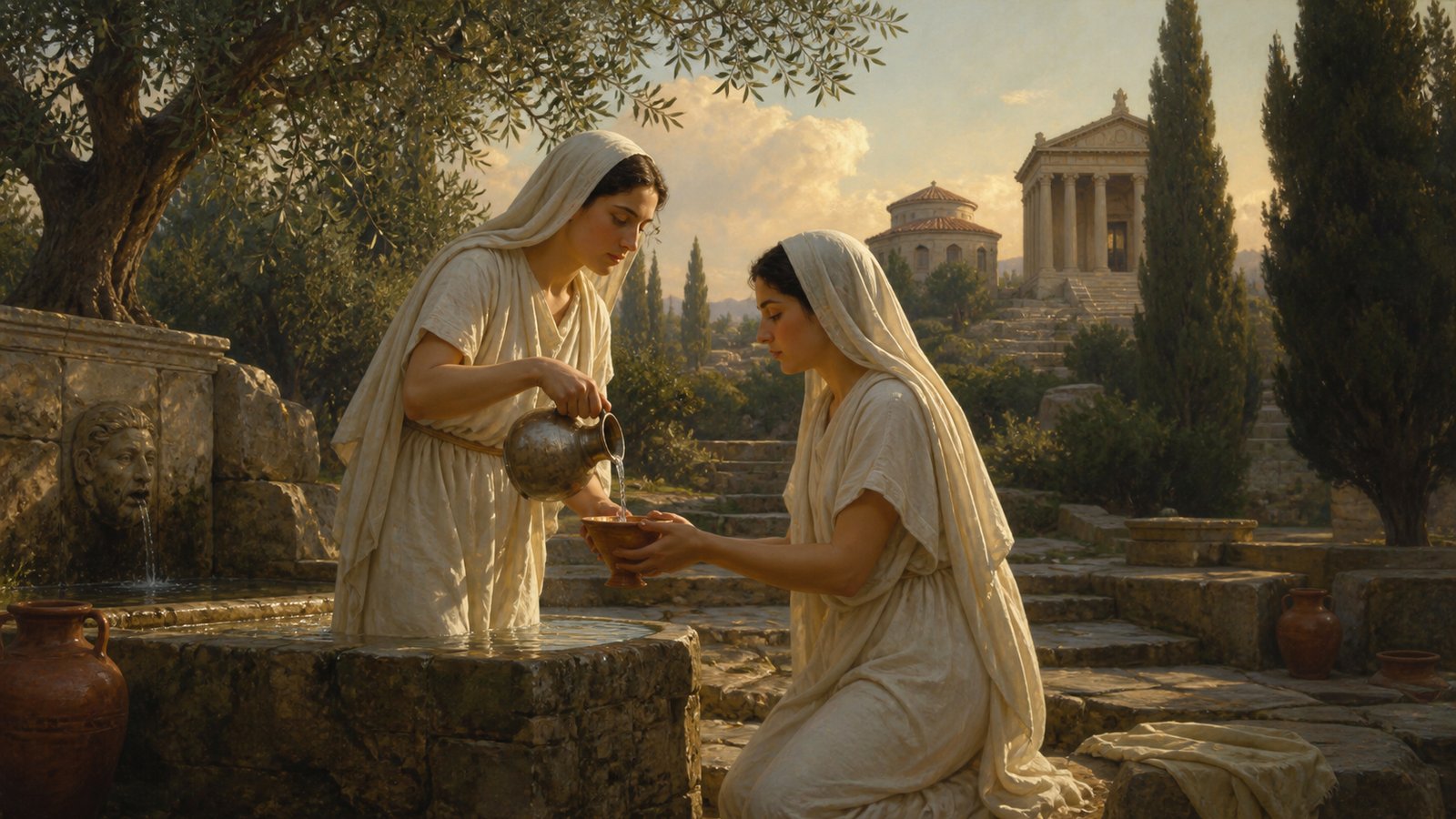 At dawn outside ancient Rome, two Vestal priestesses in plain white wool draw clear water from a shaded spring associated with Egeria, filling a small ceramic vessel with a distinctly pointed base.