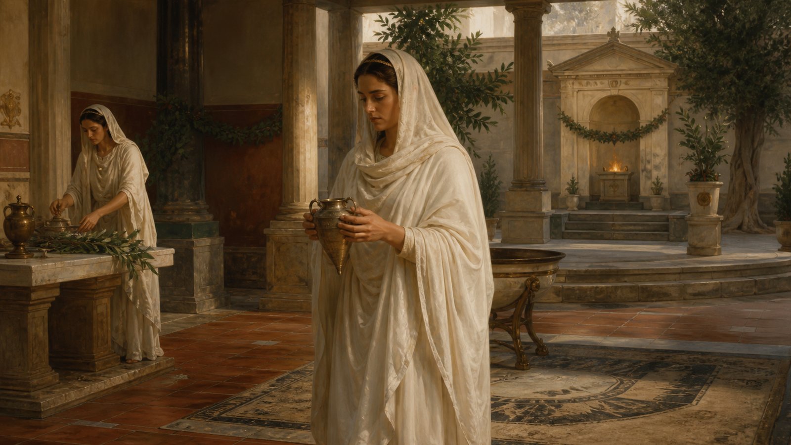 A Vestal carries the pointed sacred-water vessel carefully through a temple court while another prepares the sanctuary for sprinkling, the unstable jar never resting on the stone pavement.
