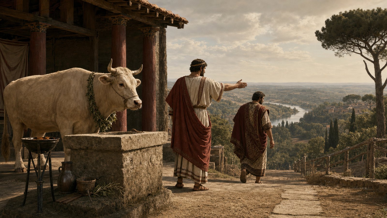 At the sanctuary of Diana on the Aventine, a huge pale cow stands before a plain stone altar as a Roman priest gestures down toward the distant Tiber and a richly dressed Sabine owner turns reluctantly toward the path, with no writing or modern symbols.